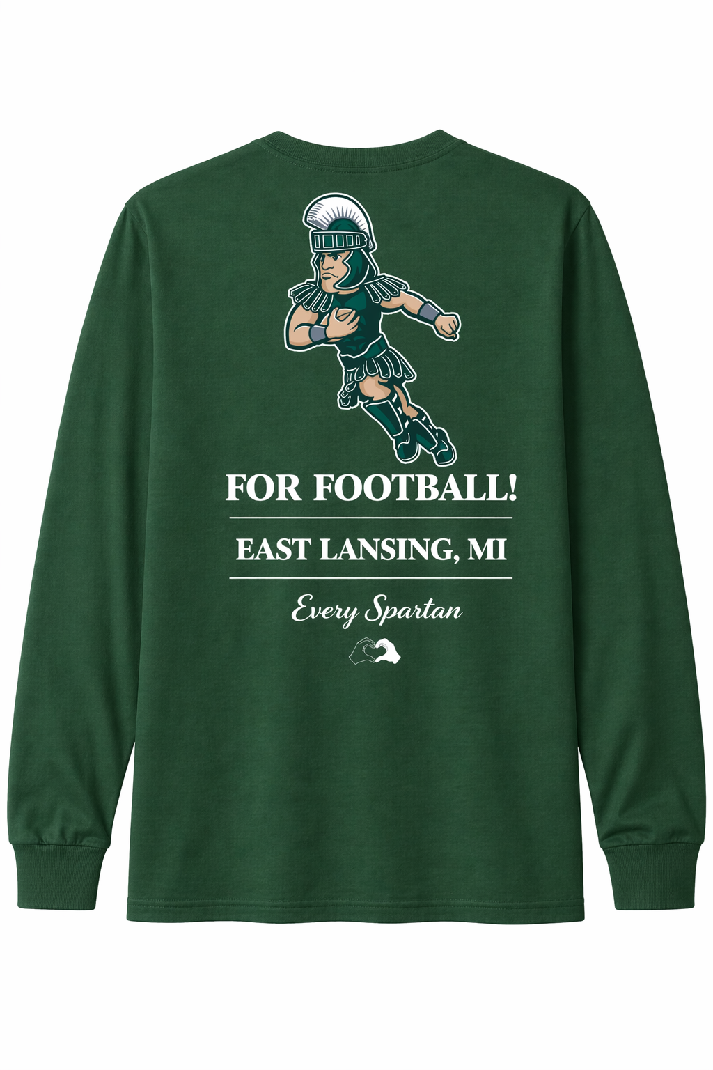 Dark green long-sleeve shirt with football player graphic and text “FOR FOOTBALL! EAST LANSING, MI”