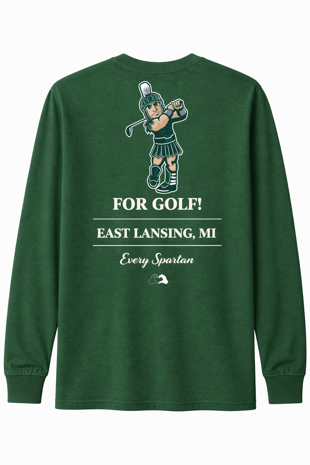 Green long-sleeve shirt with golfer graphic and text “FOR GOLF! EAST LANSING, MI” and “Ewing & Co.”