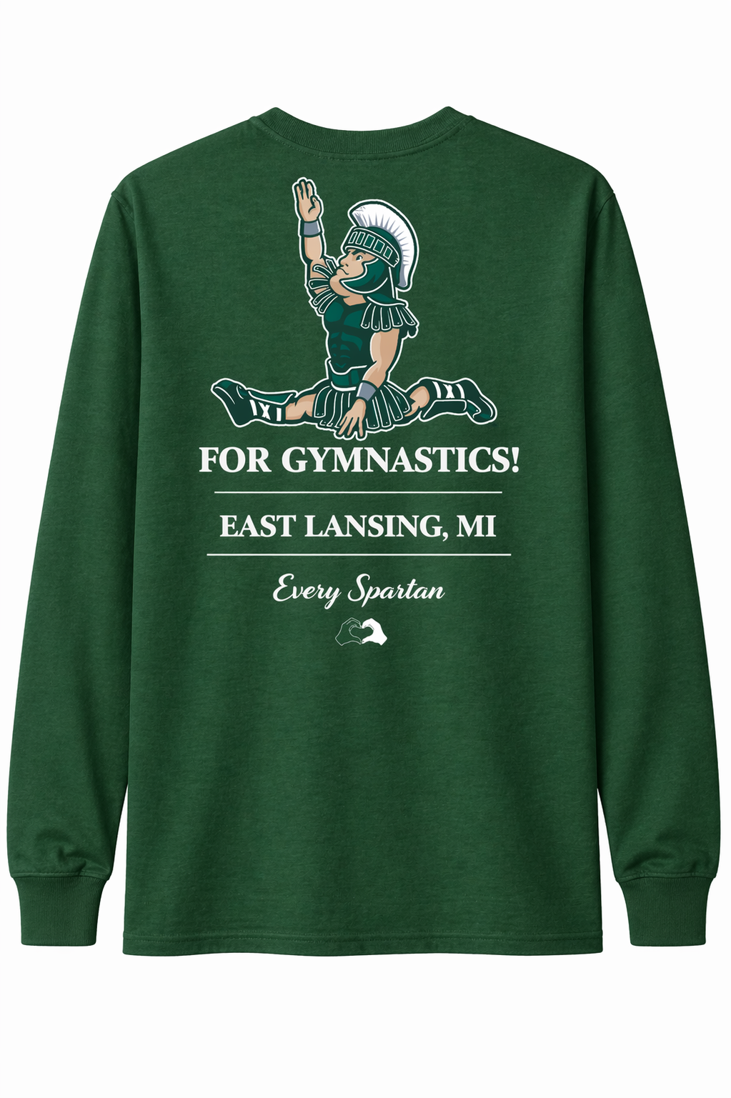 Green sweatshirt with gymnast graphic and text “For Gymnastics: East Lansing, MI”