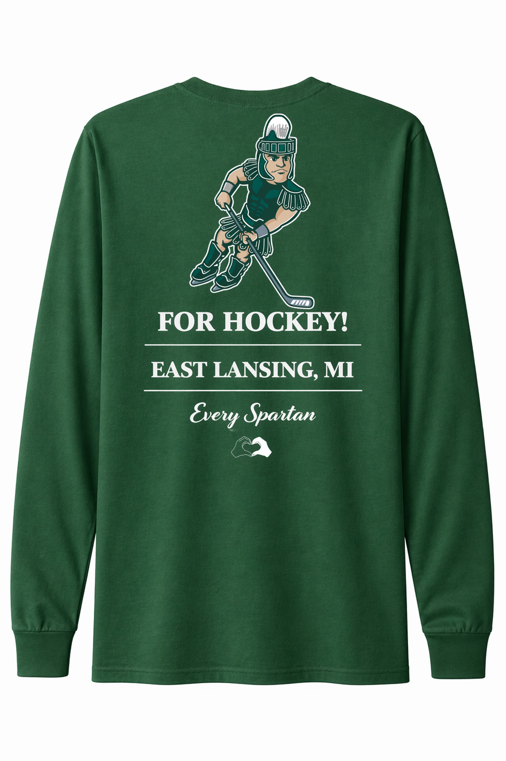 Green long-sleeve shirt with a hockey player graphic and “FOR HOCKEY! EAST LANSING, MI” text