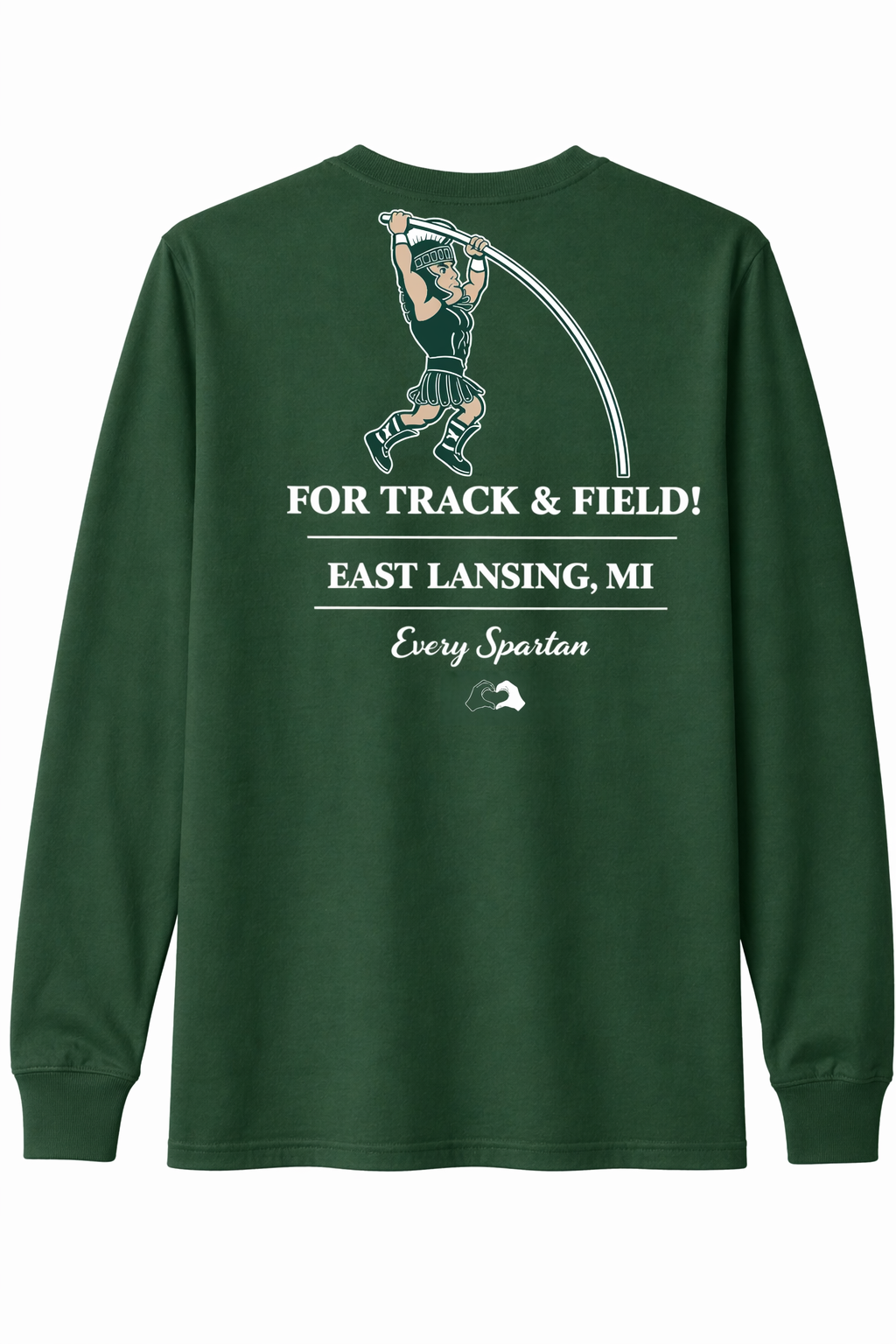 Green long-sleeve shirt with “4 Track & Field East Lansing, MI” text and a runner graphic on the back