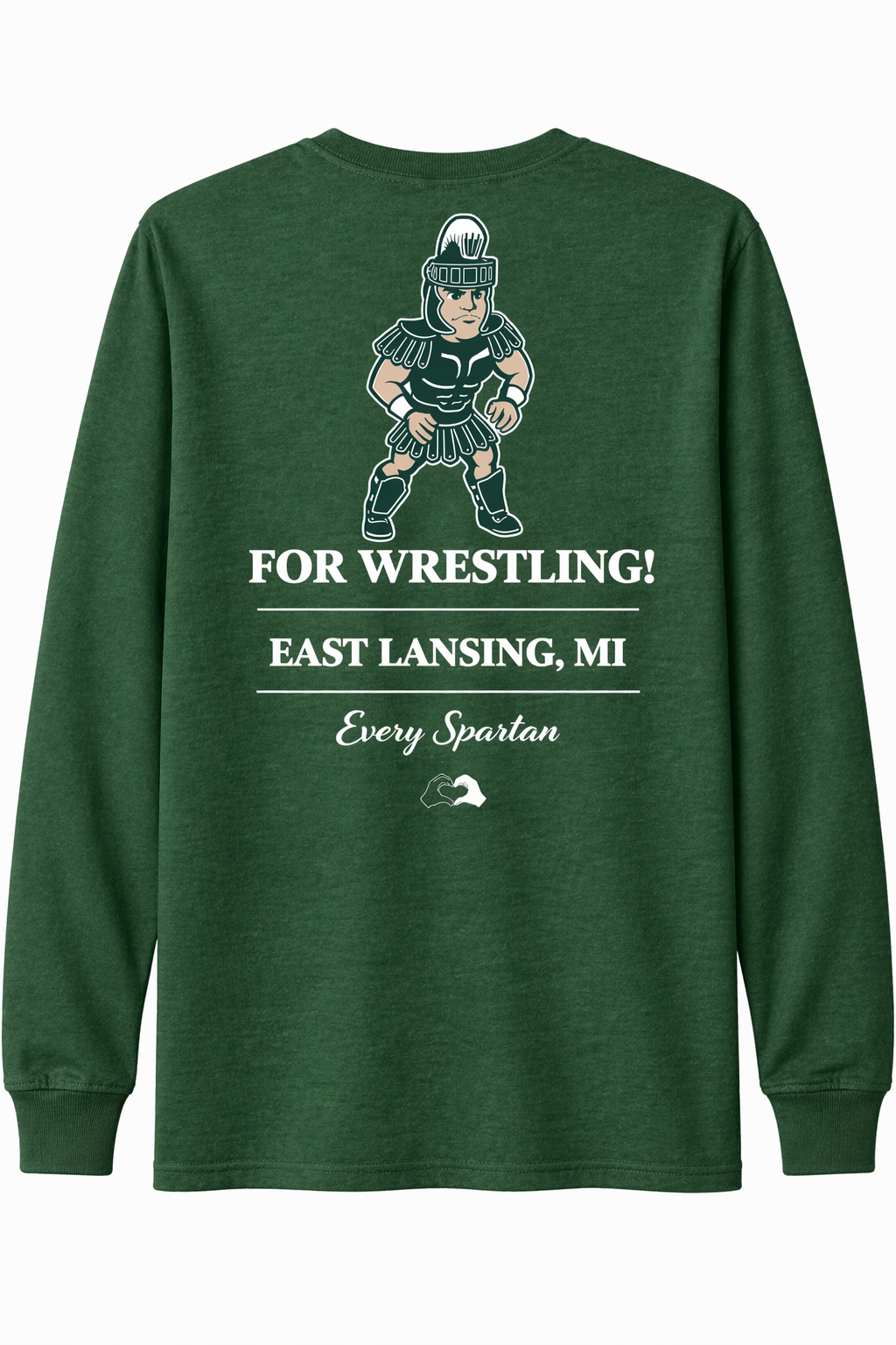 Dark green long-sleeve shirt with wrestling graphic and text: 
