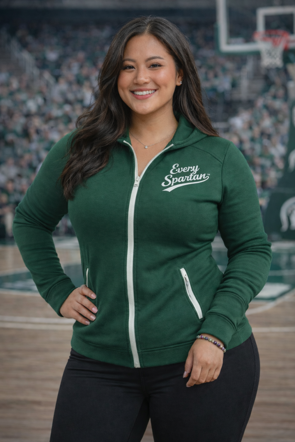 Woman in green zip-up sweatshirt with 