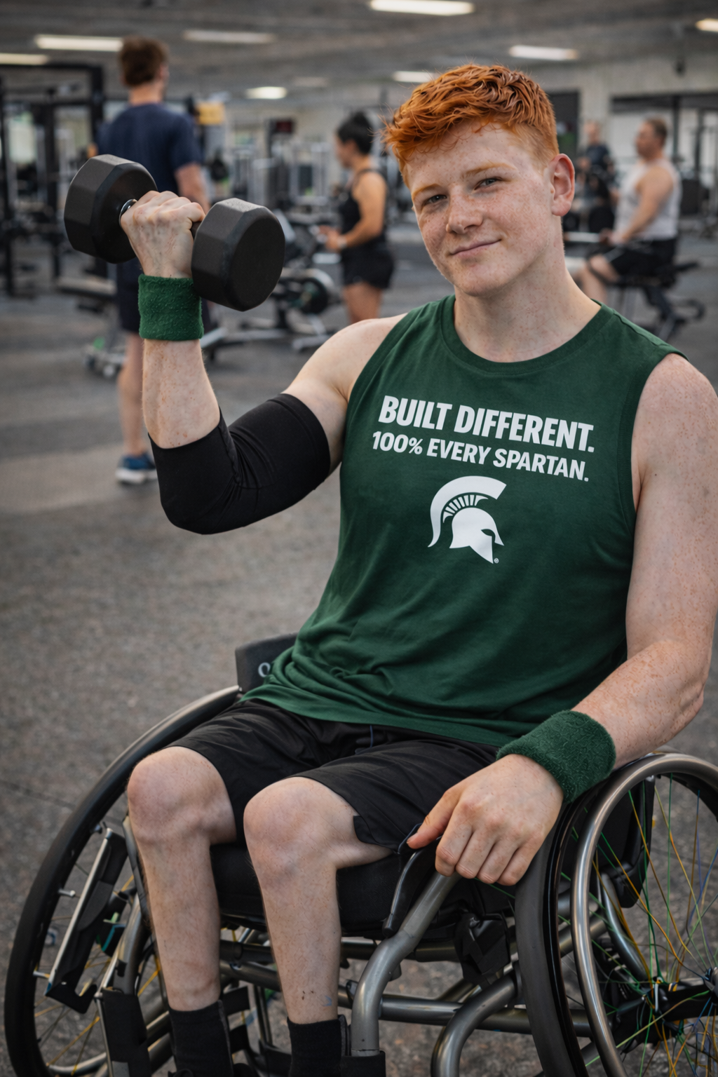 Man in wheelchair lifting dumbbell in a gym; wearing green tank top, elbow and wrist supports.