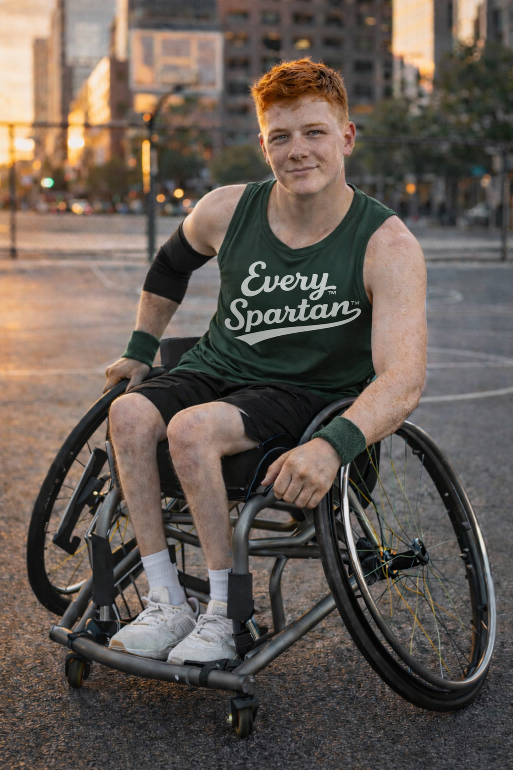 Man with red hair in a wheelchair on a basketball court wearing a 