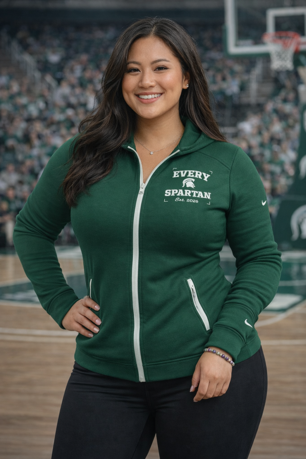 Woman in green zip-up jacket with 