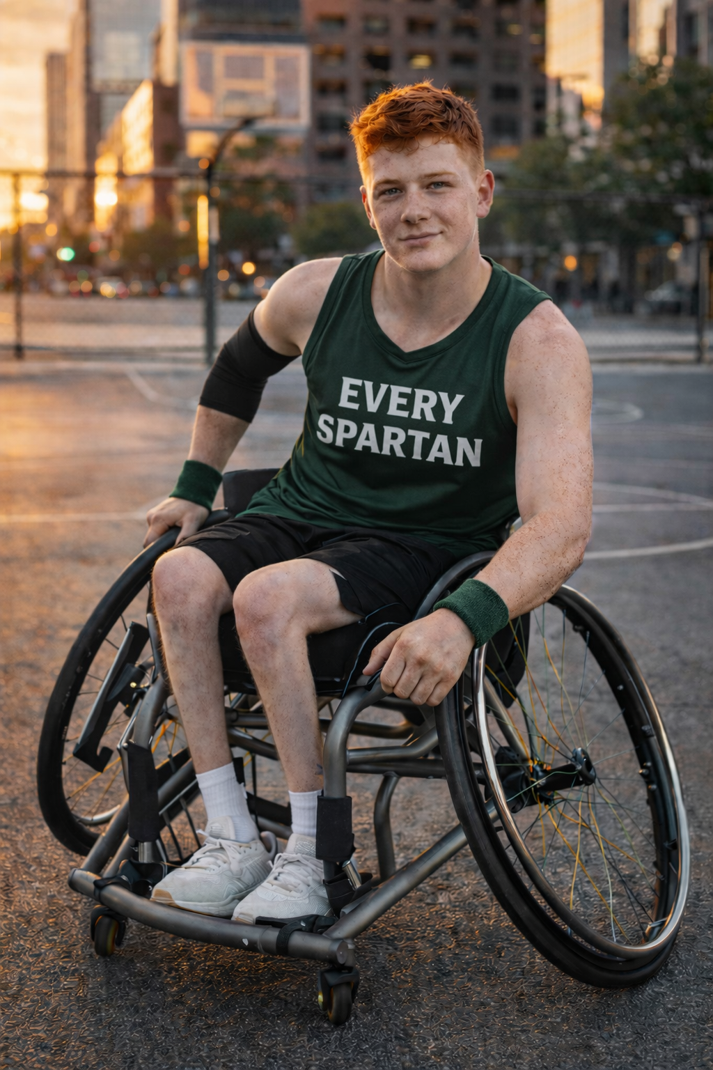 Man in wheelchair on a basketball court, wearing green 