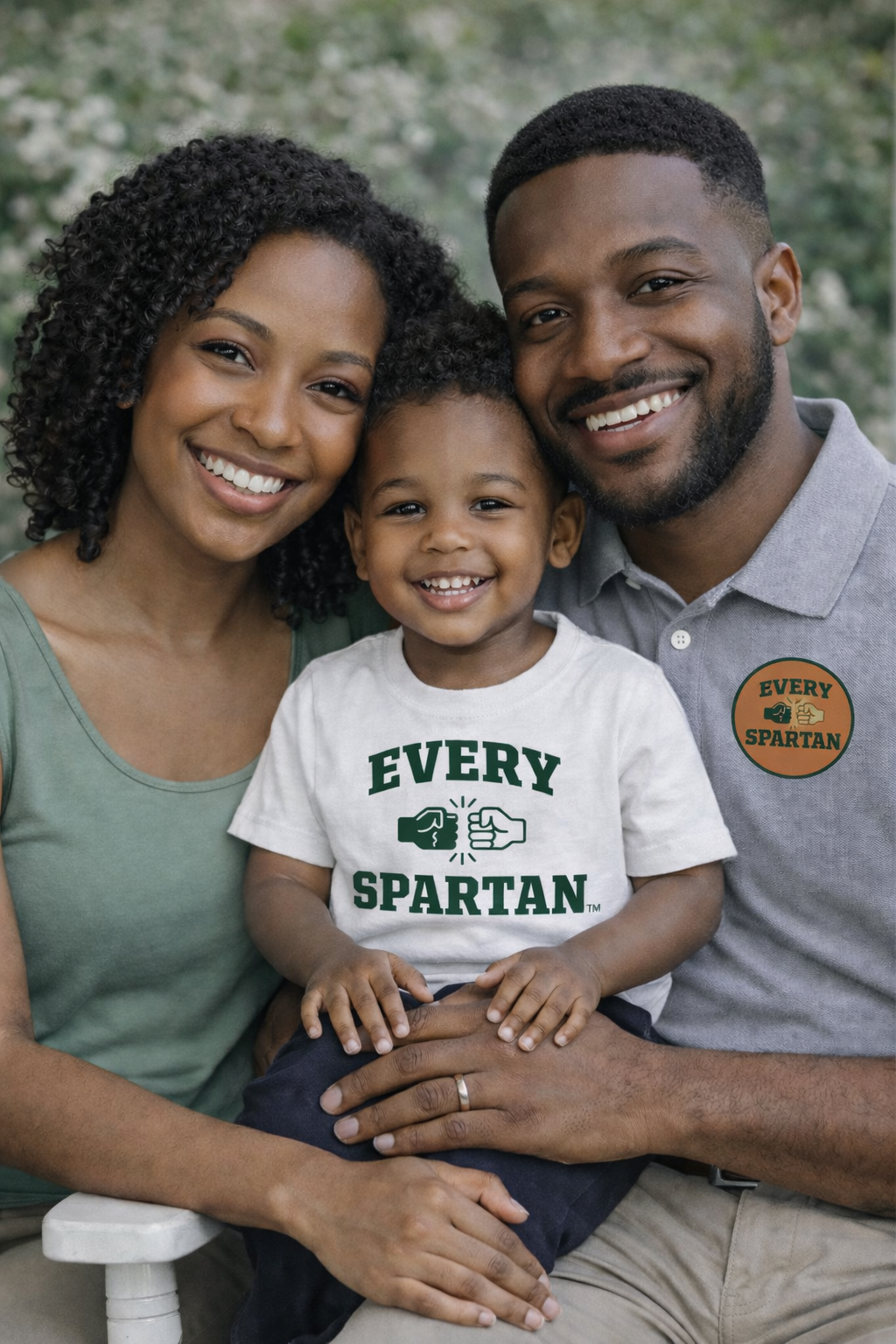 Family portrait: Woman, man, and child smiling, embracing outdoors. Child's shirt reads 