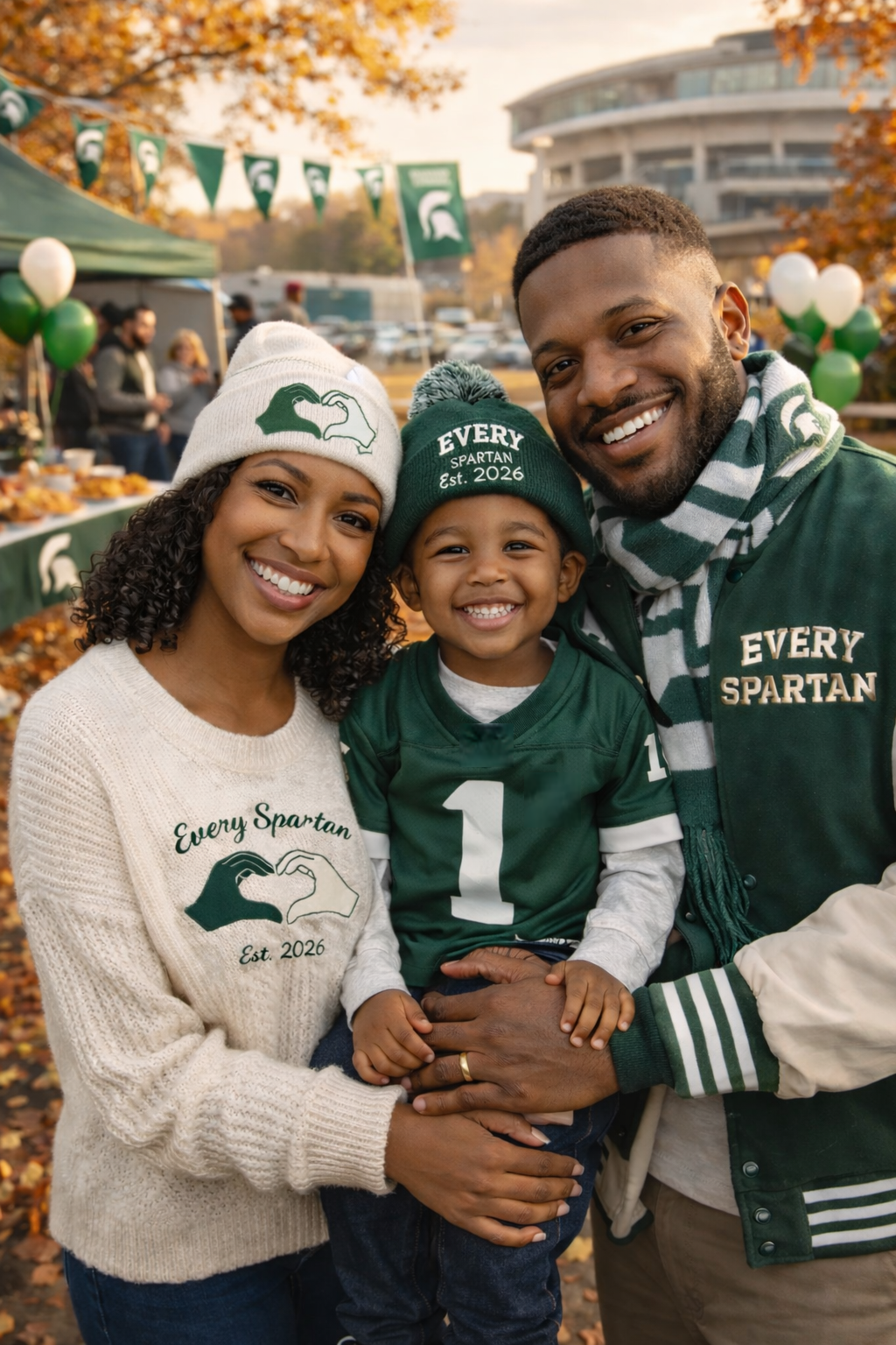 Family at a college football tailgate. Smiling, wearing green and white gear, near a stadium.