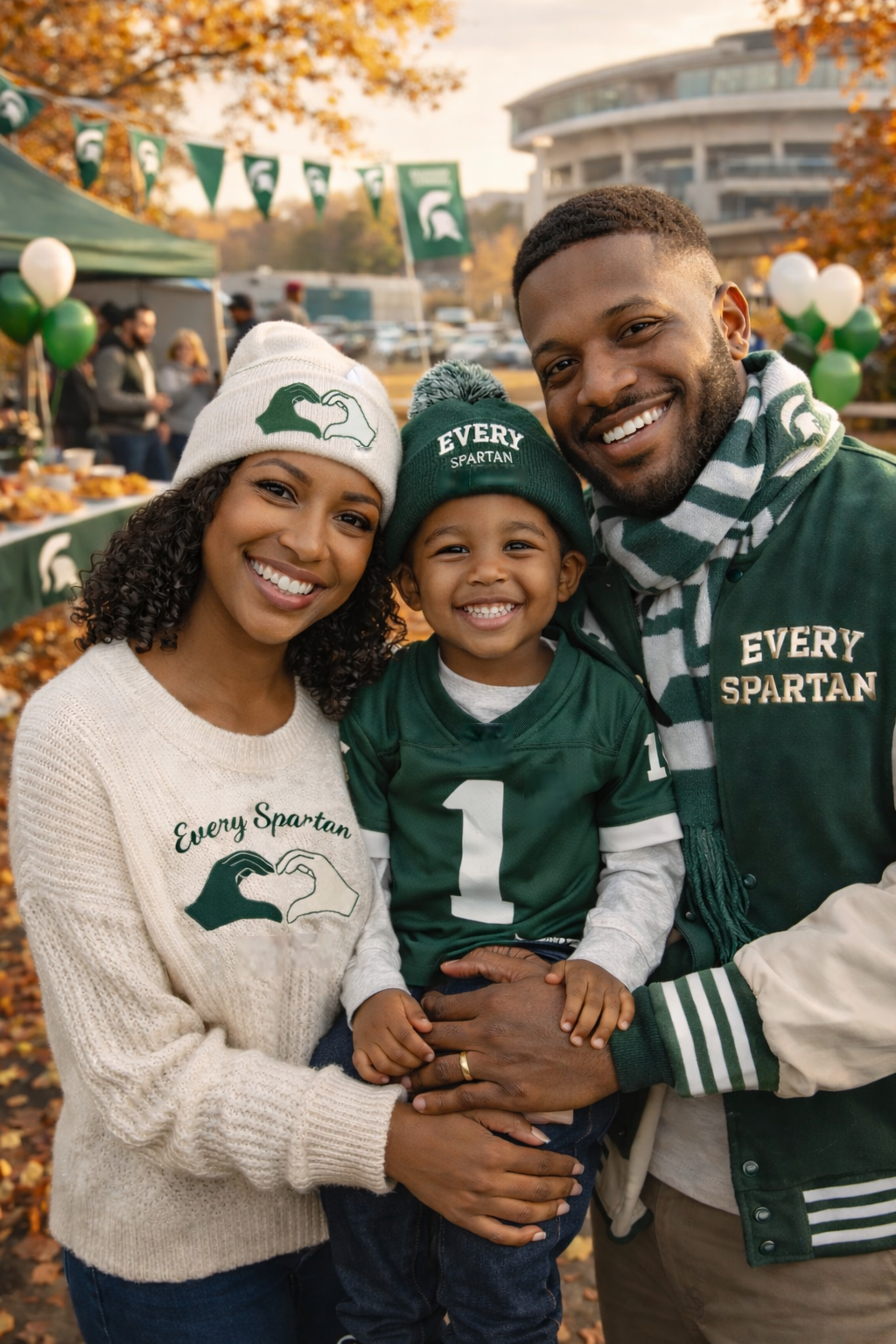 Family in green and white gear, smiling at a Michigan State tailgate.
