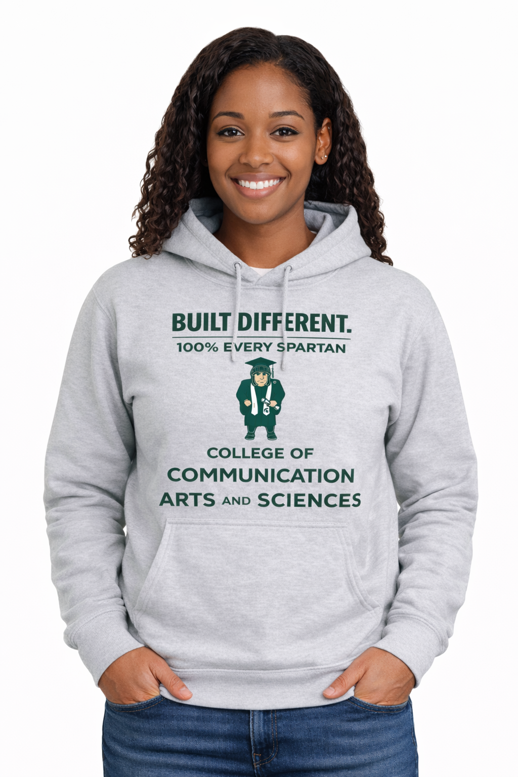 A person wears a grey hooded sweatshirt with 