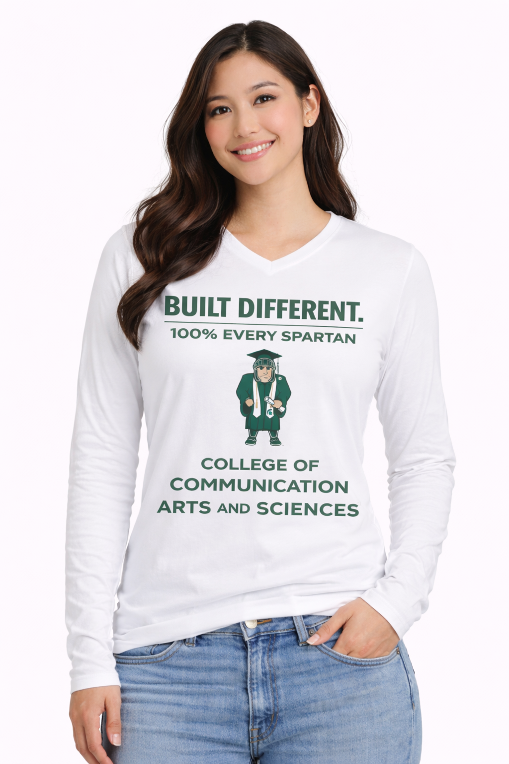A person wearing a white long-sleeve shirt with Michigan State University branding, featuring a Spartan mascot graphic.