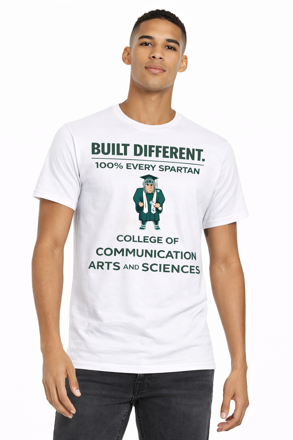 A white t-shirt featuring the green text 