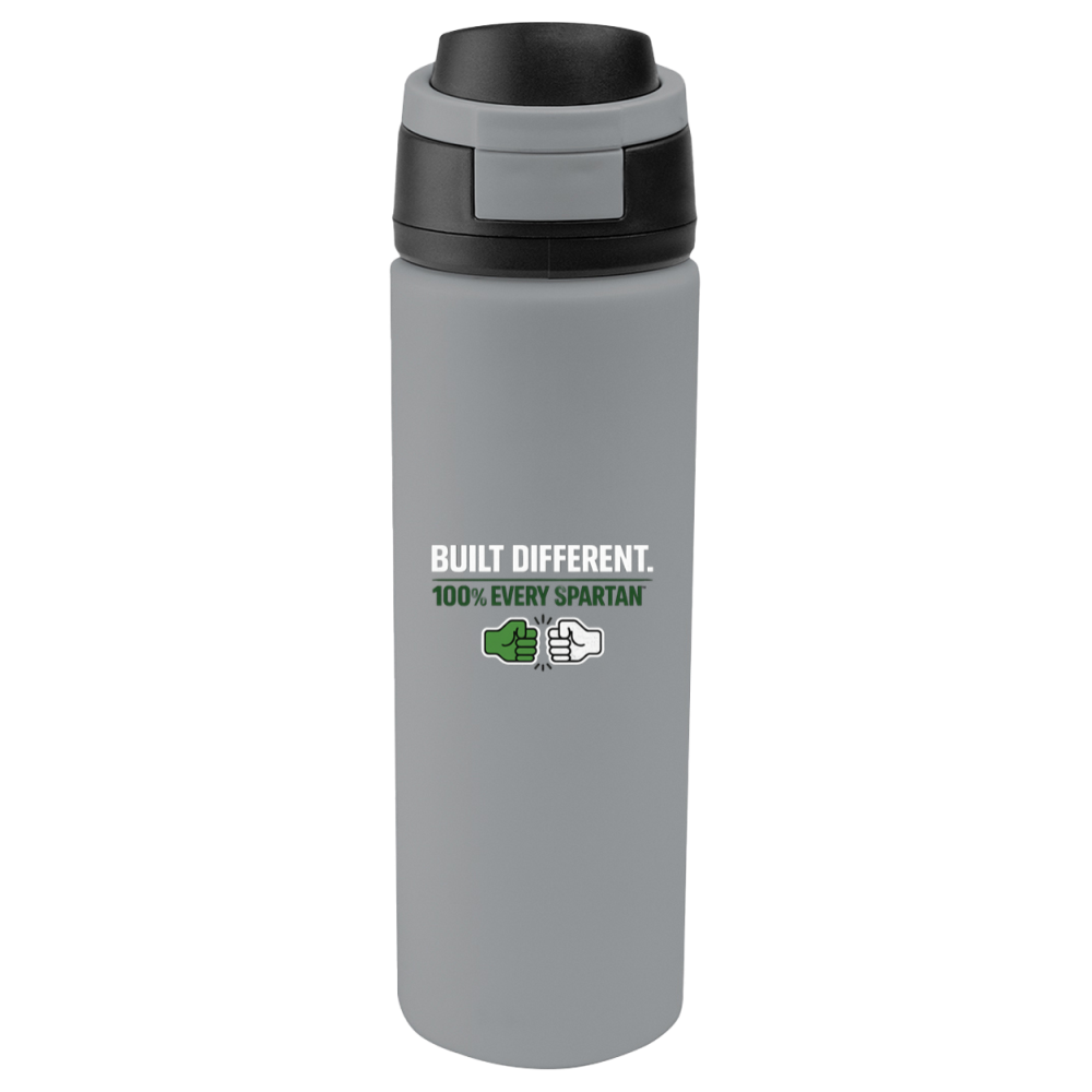 Gray insulated water bottle with black lid and “Built Different” label