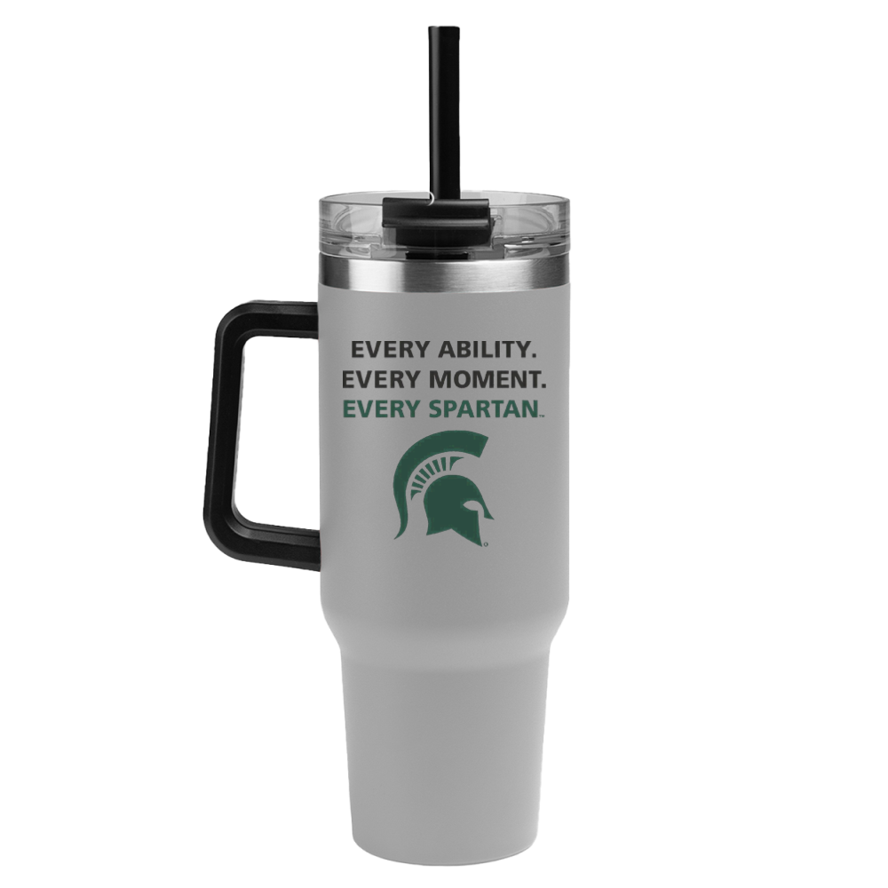 White tumbler with black lid and straw, reading “Every Ability. Every Moment. Every Spartan.” with green Spartan logo