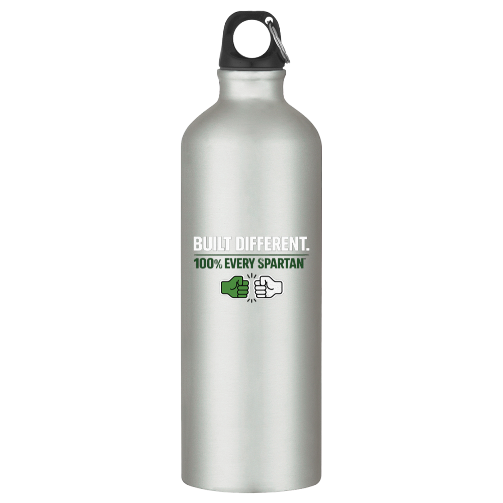 Silver water bottle with black cap and Spartan logo text on the front