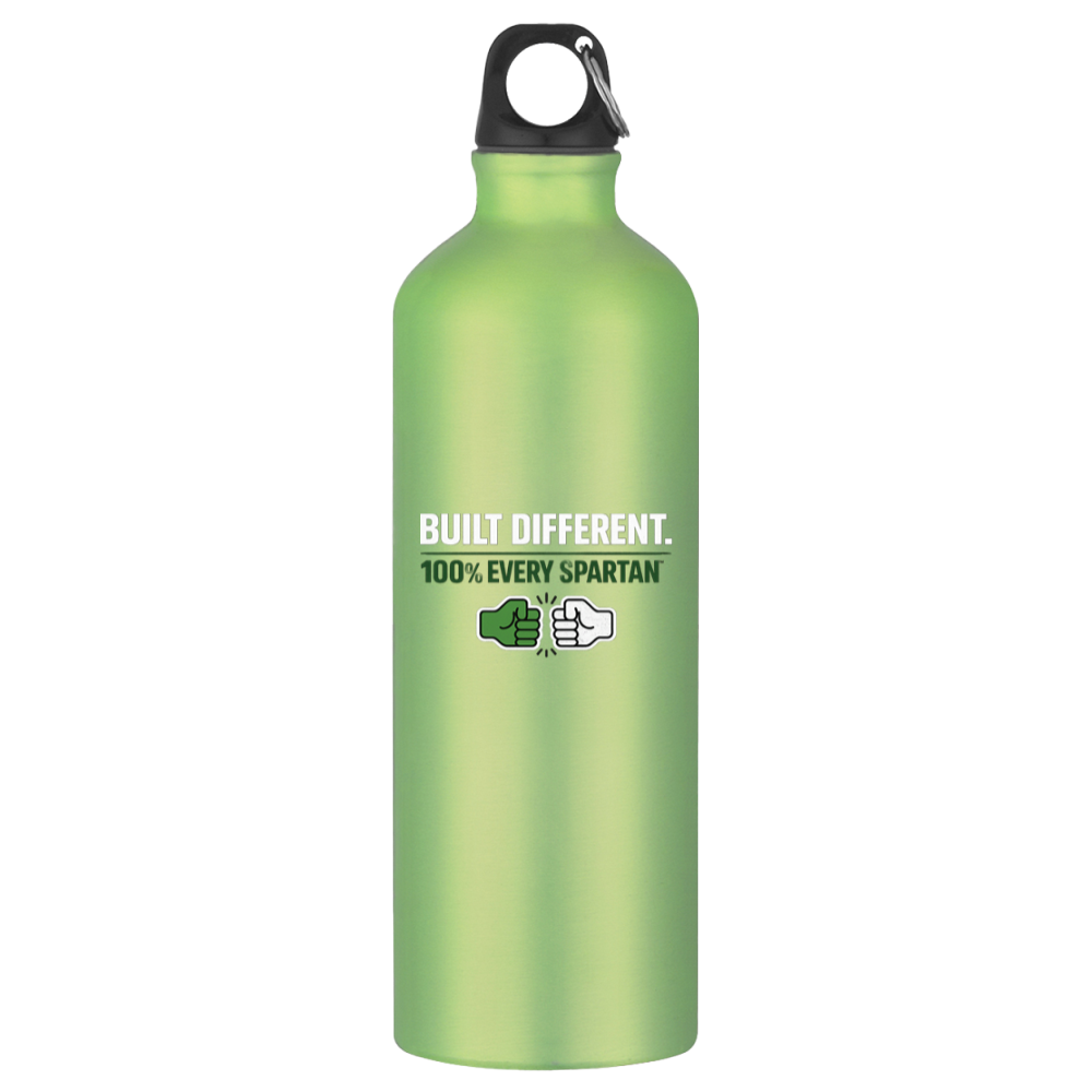 Green aluminum water bottle with black cap and “Built Different. 100% Every Spartan” text