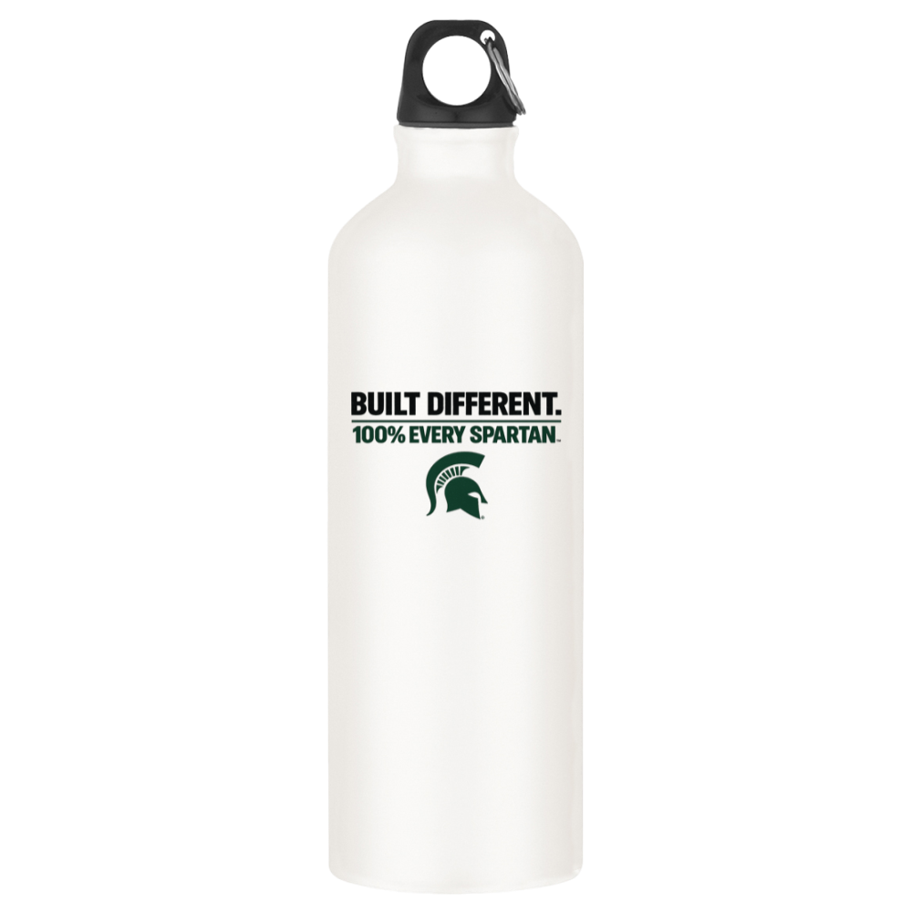 White insulated bottle with black cap and Spartans logo, labeled “BUILT DIFFERENT. 100% EVER SPARTAN.”