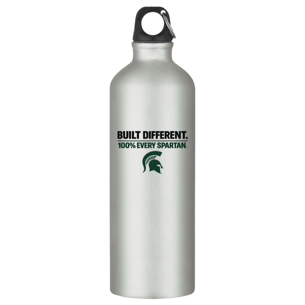 Silver metal water bottle with black cap and “BUILT DIFFERENT. 100% EVER SPARTAN” text/logo