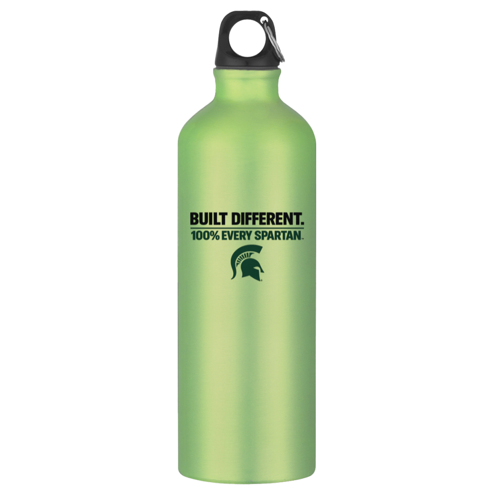 Green insulated bottle with black cap and Spartan logo, labeled “Built Different. 100% Every Spartan.”