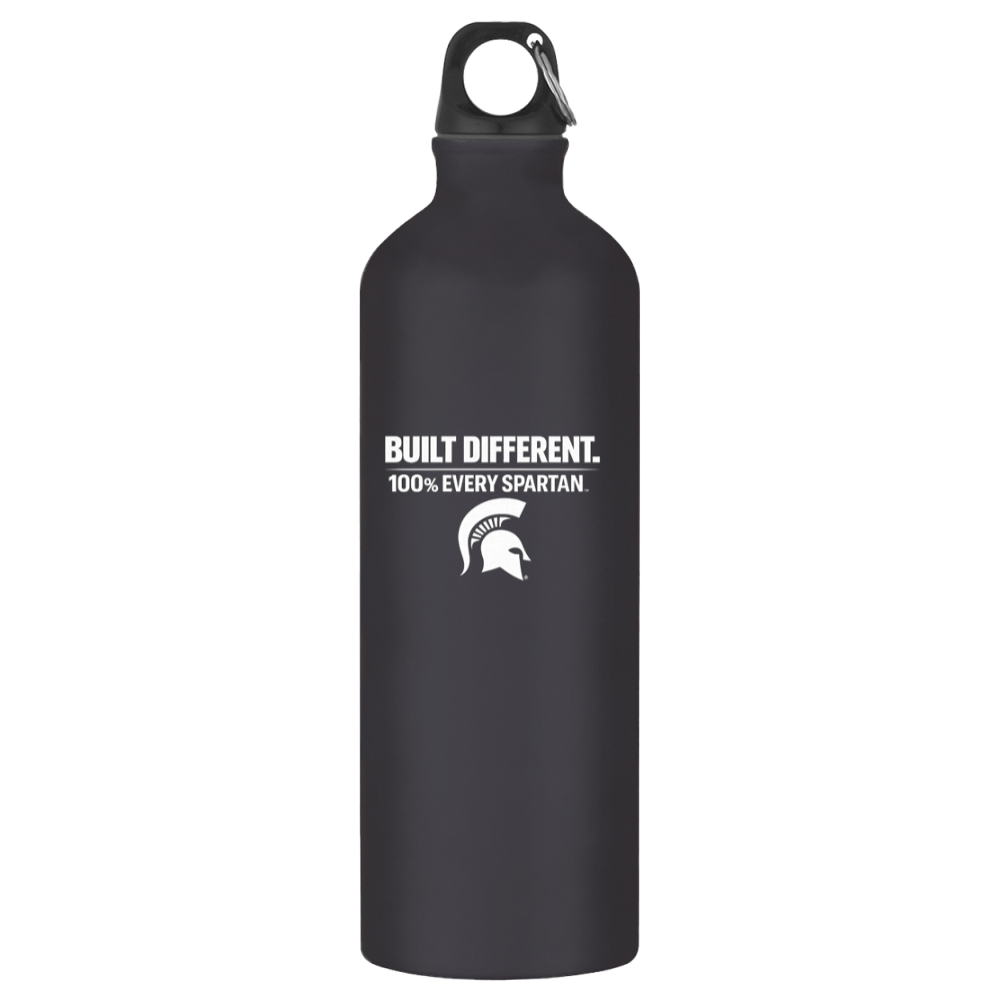 Black sports water bottle with white Spartan logo and “Built Different. 100% Every Spartan.” text