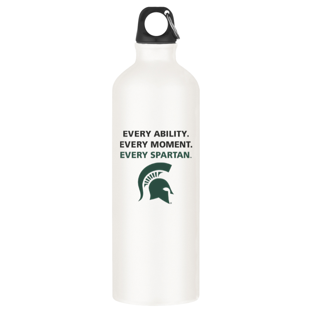 White water bottle with black cap and Spartan logo, labeled “Every Ability. Every Moment. Every Spartan.”
