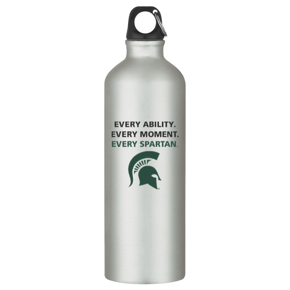 Silver bottle with black cap and Spartan logo, labeled “Every ability. Every moment. Every Spartan.”