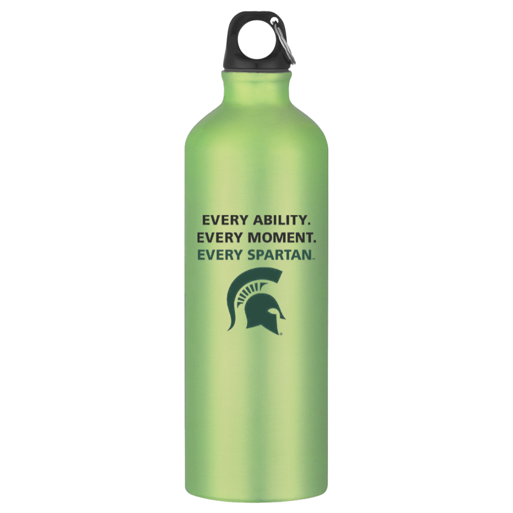 Green Spartan water bottle with black cap and logo, labeled “Every Ability. Every Moment. Every Spartan.”