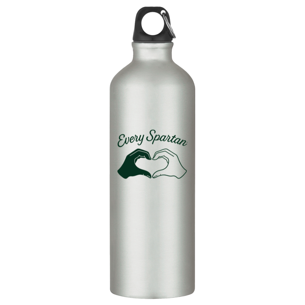 Silver water bottle with black cap and “Every Spartan” logo featuring two fists
