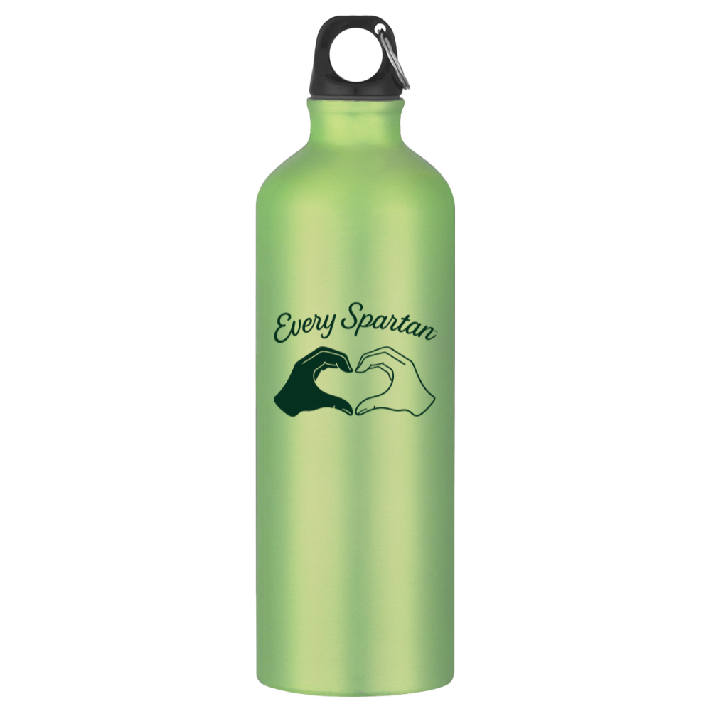 Light green water bottle with black cap and “Every Spartan” logo on the front