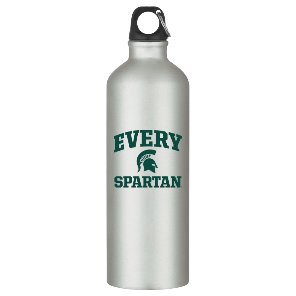 Silver water bottle with black cap and green “EVERY SPARTAN” text and Spartan helmet logo