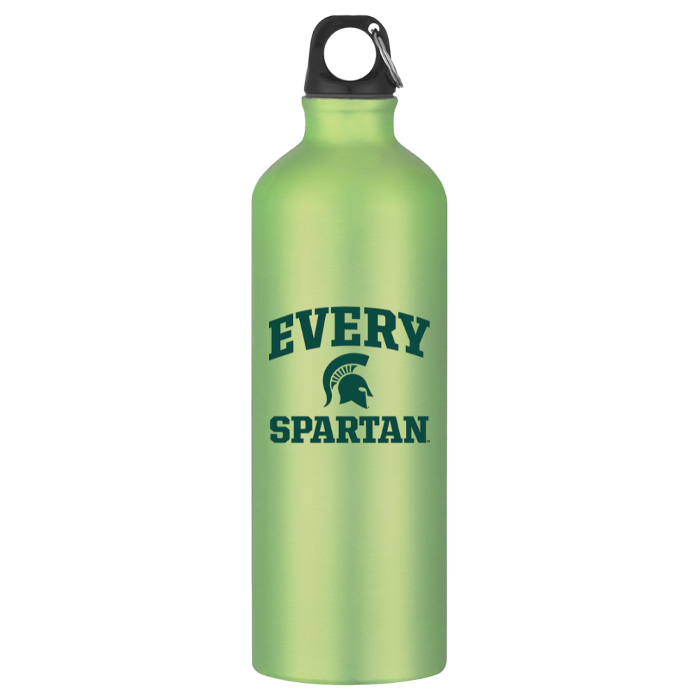 Green reusable water bottle with black cap and “EVERY SPARTAN” text logo