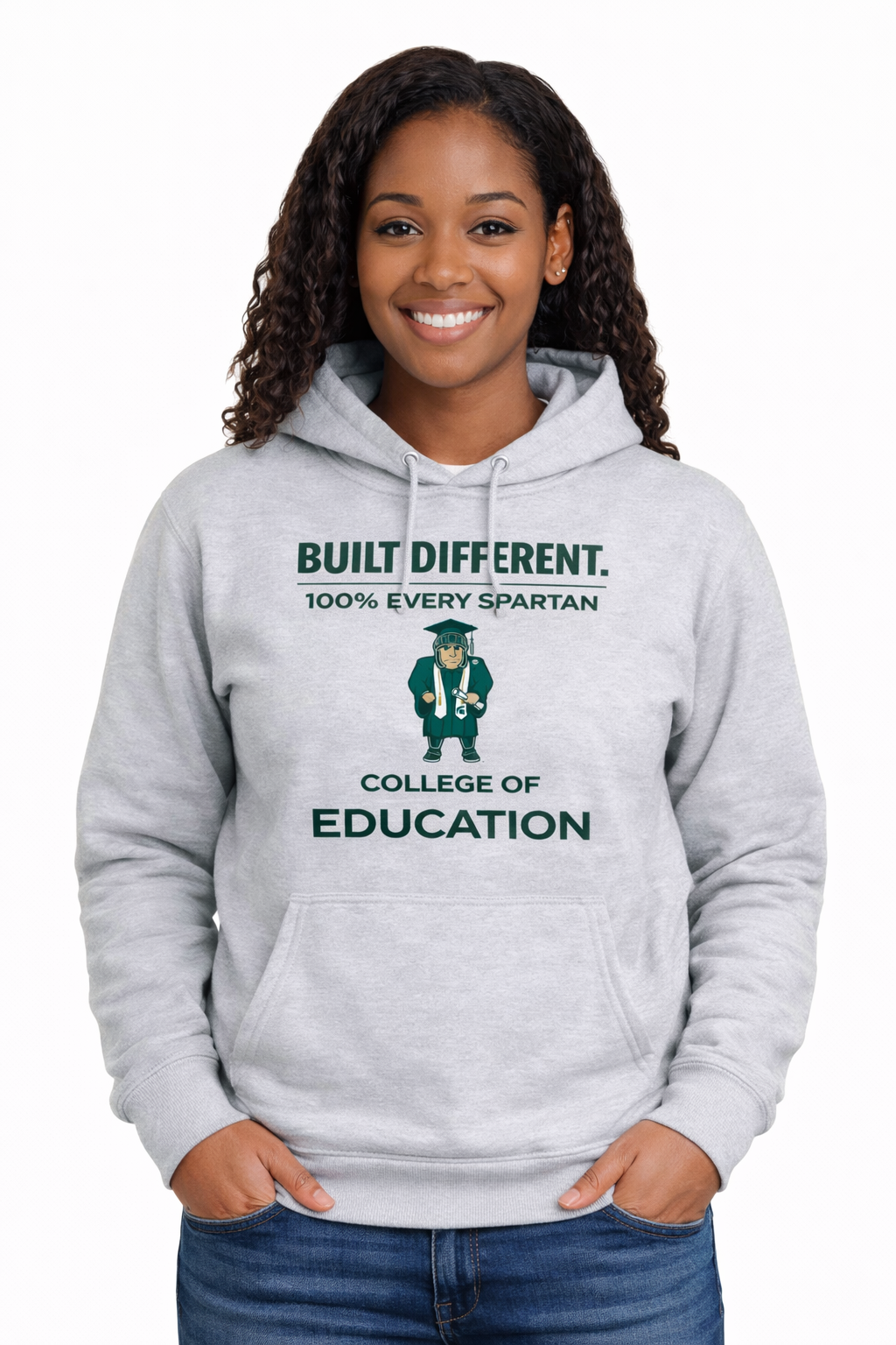 A person wearing a grey hoodie that says 