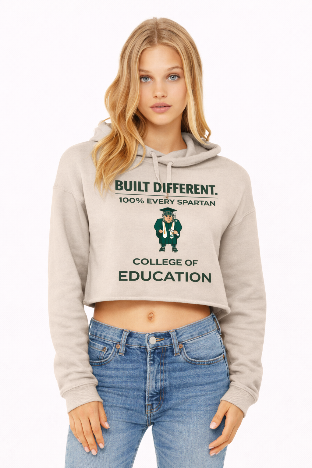 A person wears a heather beige cropped hoodie with 