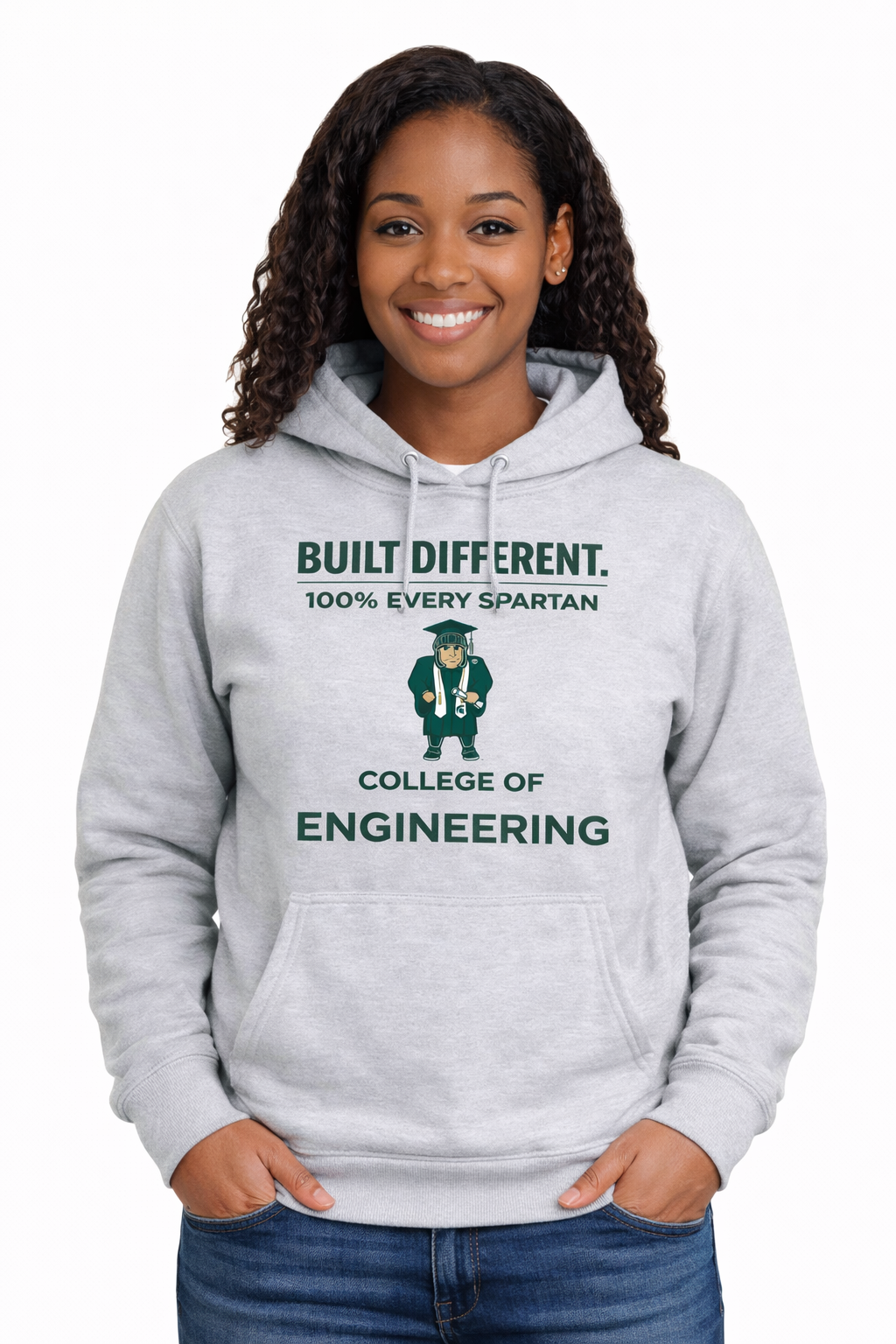 A grey hooded sweatshirt with the text 