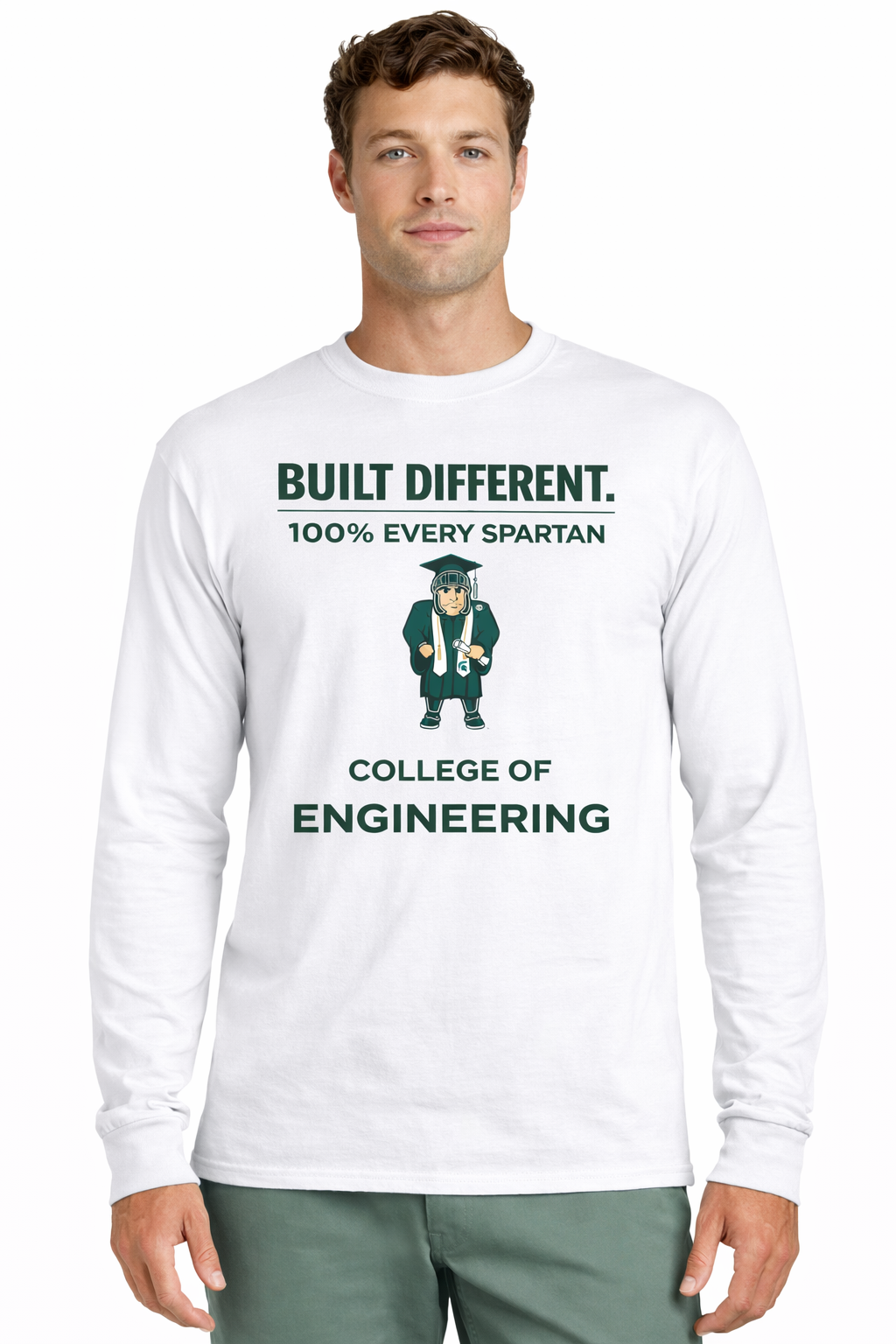 A long-sleeve white t-shirt featuring a green Spartan logo in a graduation cap with text reading 