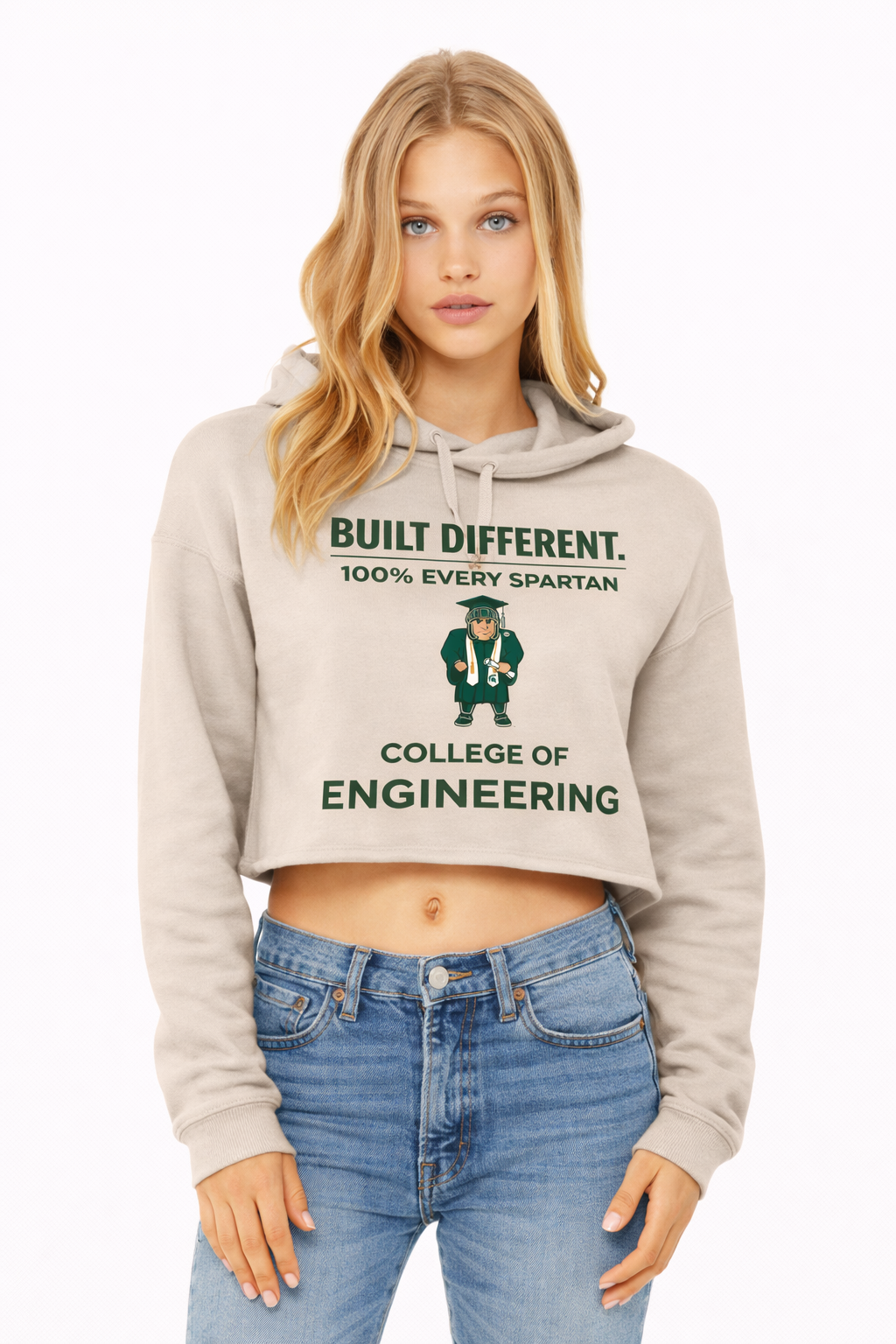 A beige cropped hoodie featuring 