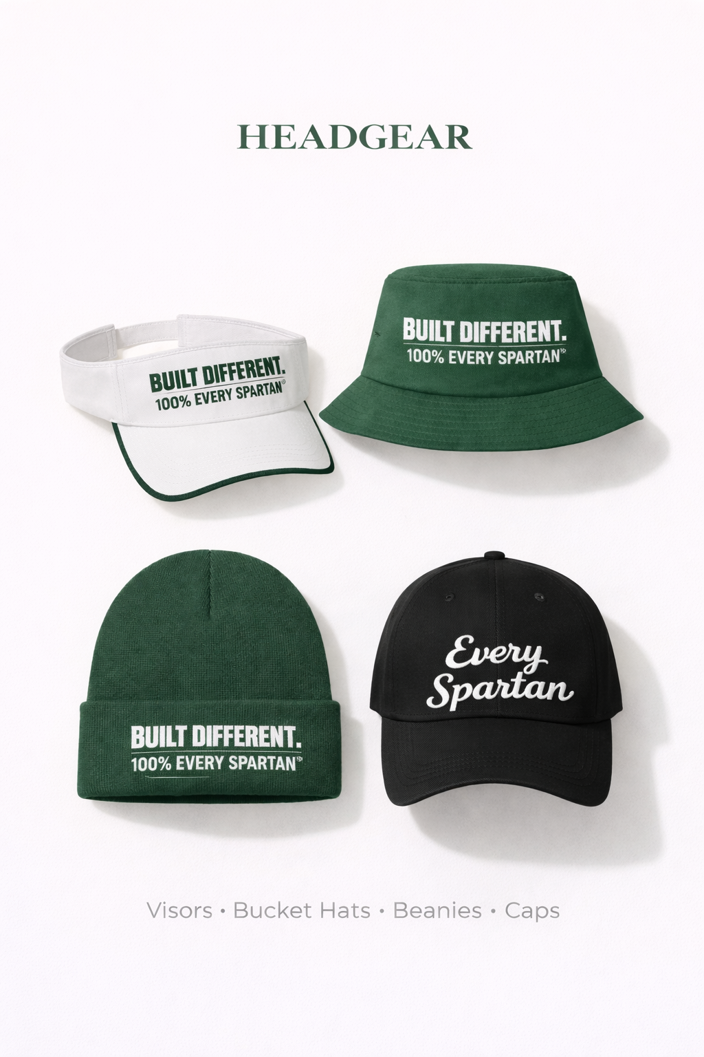 Four headgear items: visor, bucket hat, beanie, and cap. All have text branding, in various colors.