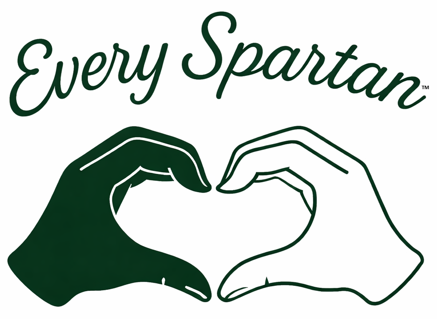 Every Spartan logo with two hands forming a heart in dark green and white