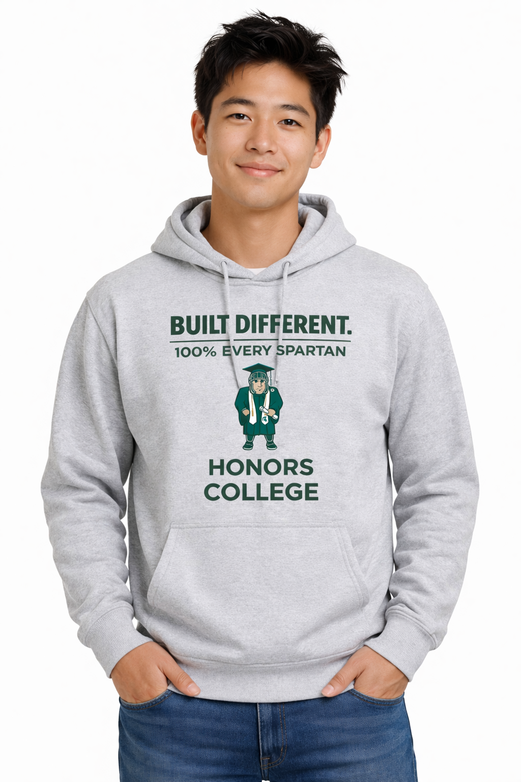 A person wears a light gray hoodie with green text reading 