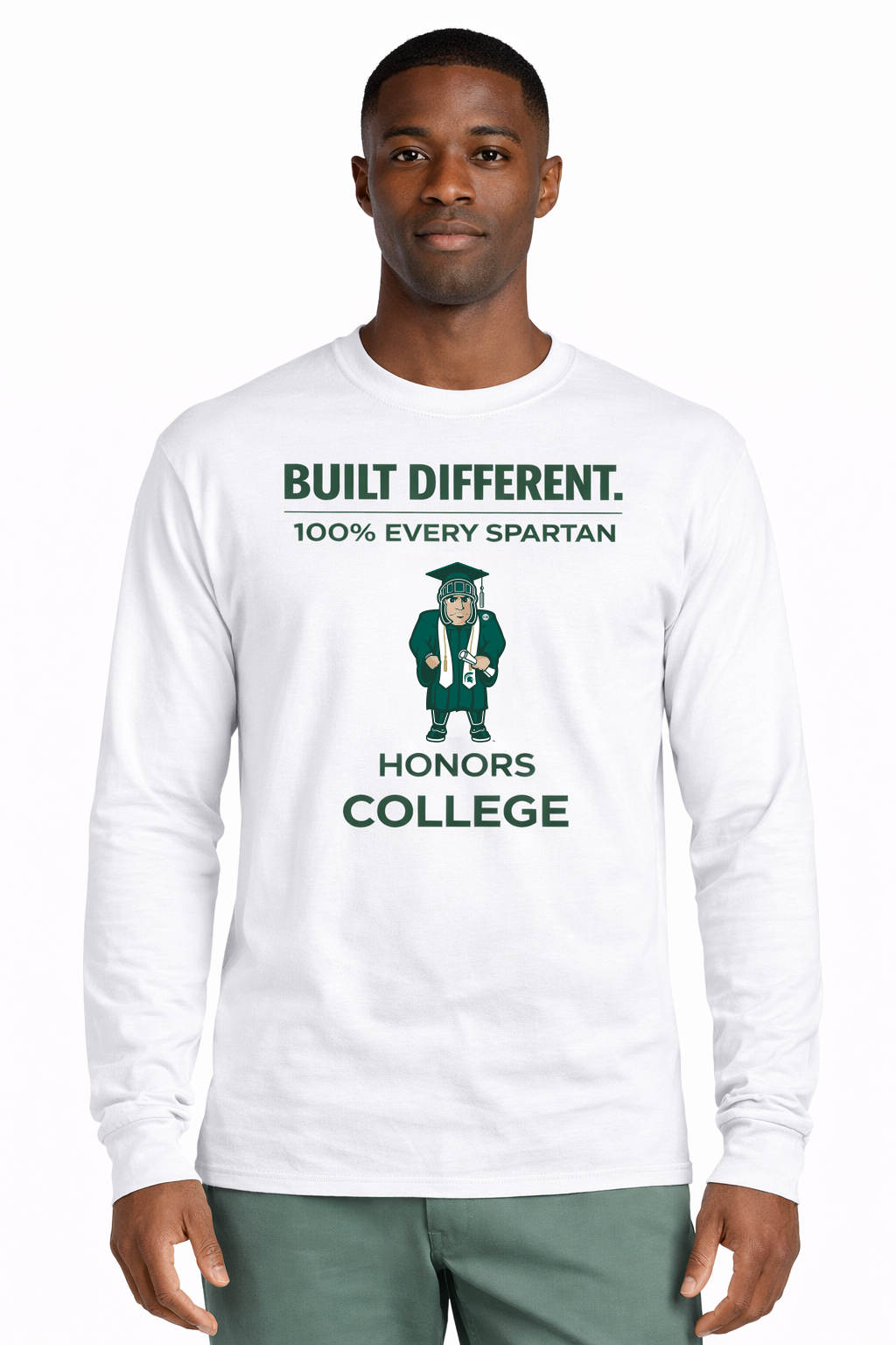 Man wearing white long-sleeve shirt with “Built Different” and Honors College text on the front