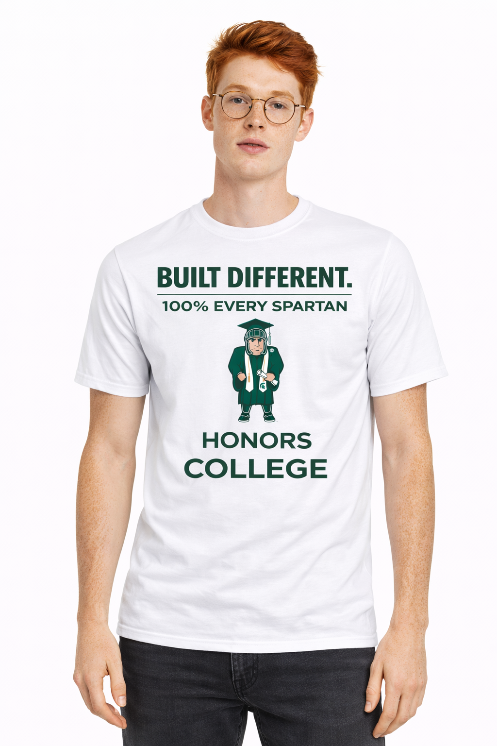 A person wearing a white t-shirt that says 