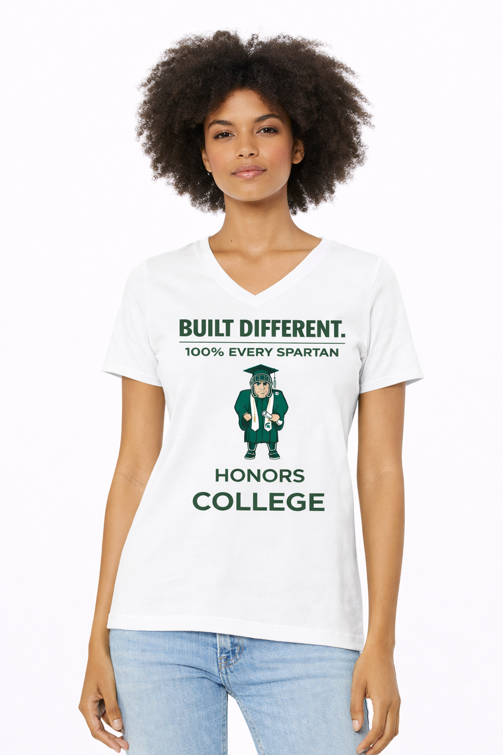 A woman wearing a white V-neck T-shirt with the green text 