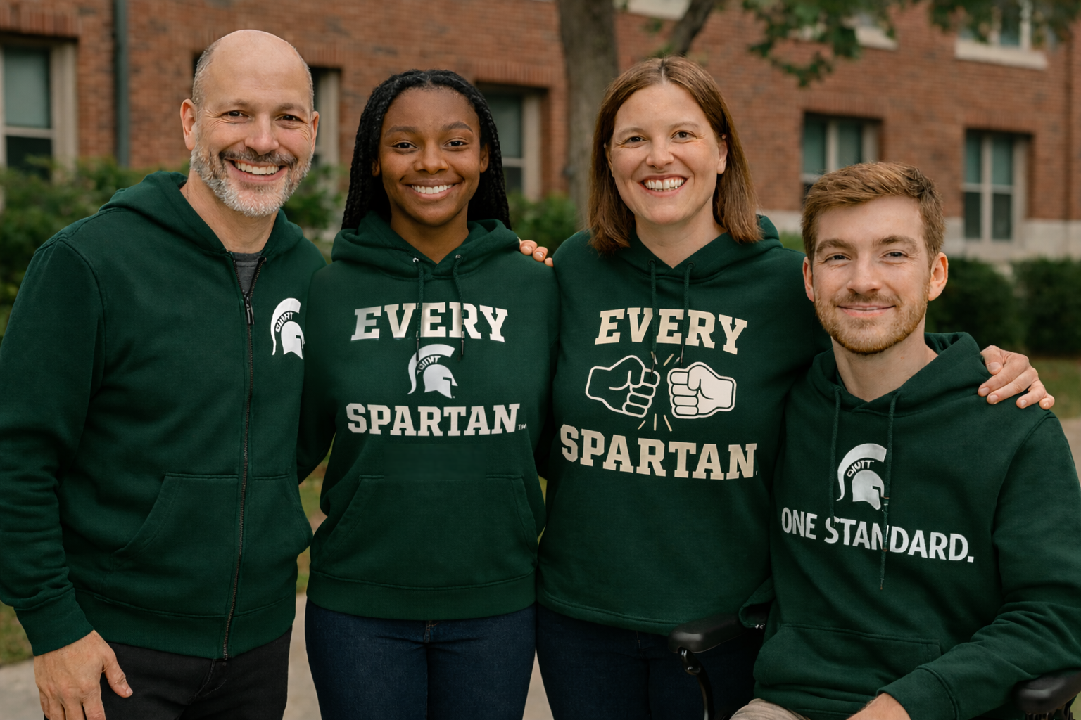 Four people in green hoodies, outdoors, smiling, embracing. One hoodie reads 