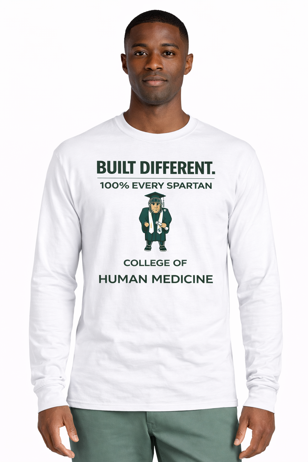 A person wears a white long-sleeved shirt with the text 