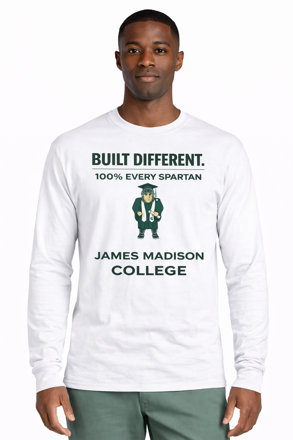 A person wears a white long-sleeve shirt that says 