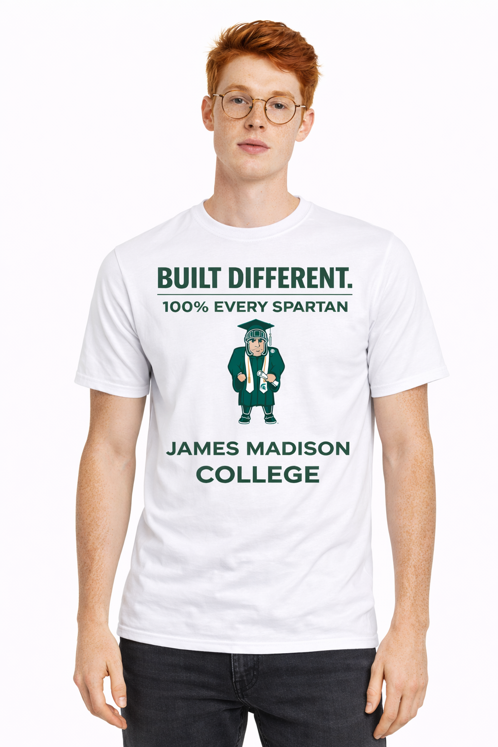 A model wears a white t-shirt with 