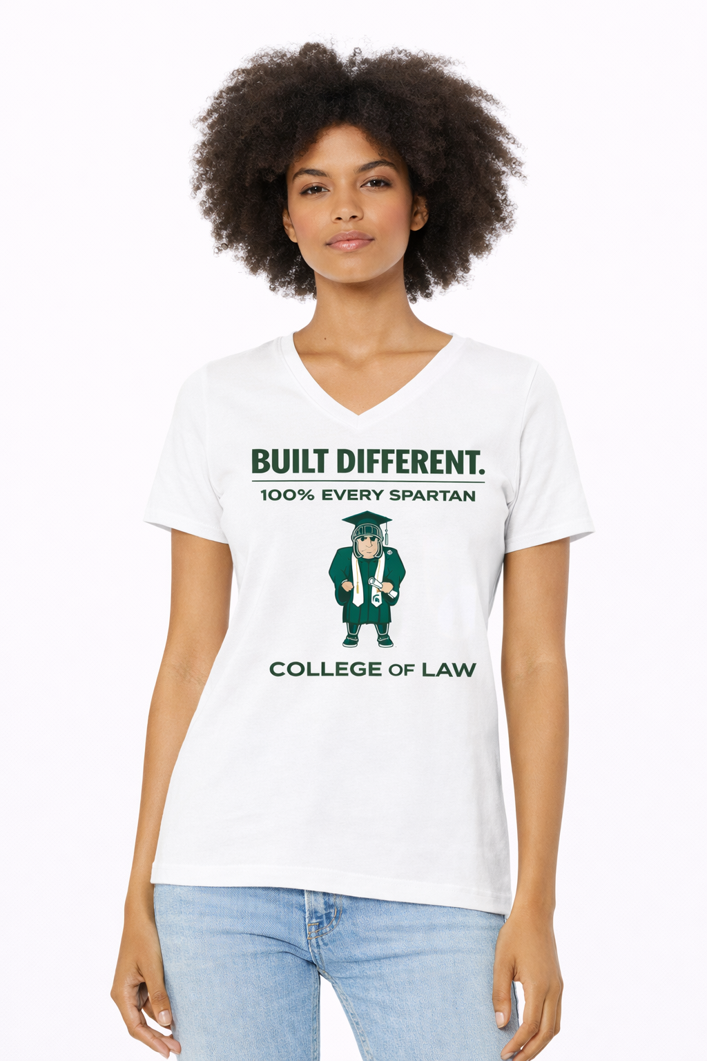 A person wearing a white V-neck t-shirt that says 