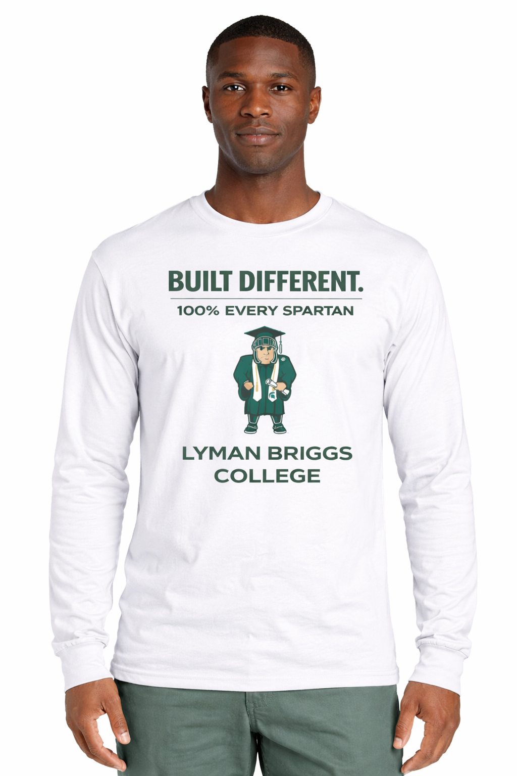 White long-sleeve shirt with green text 