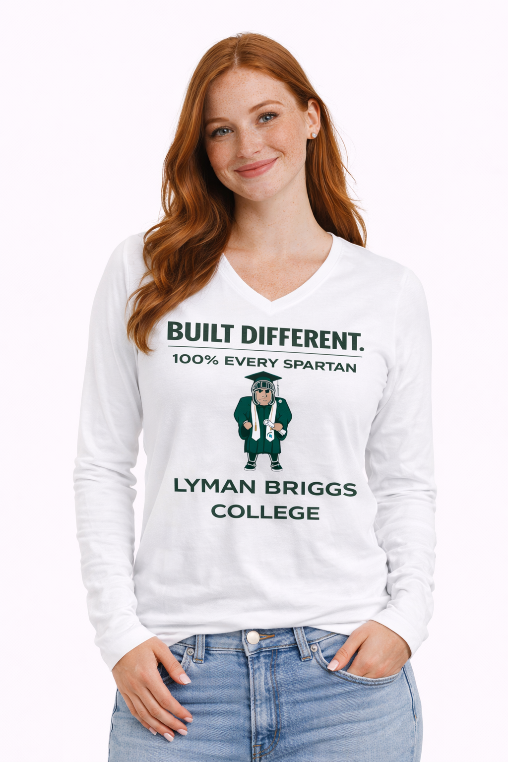 A white long-sleeved V-neck shirt featuring a Spartan mascot and the text 